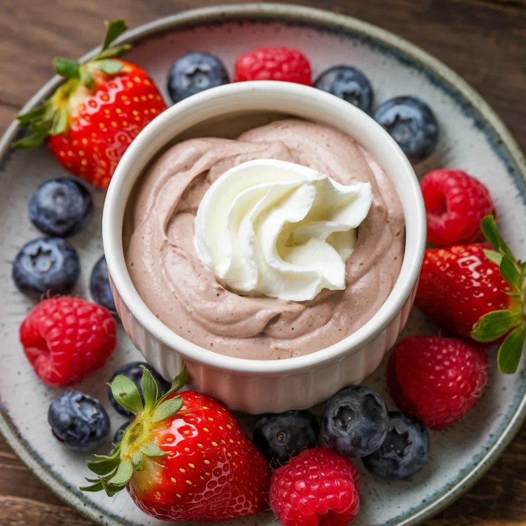 Cream cheese and white chocolate instant pudding dessert in a bowl, surrounded by fresh strawberries, blueberries, and raspberries, placed on a wooden surface.