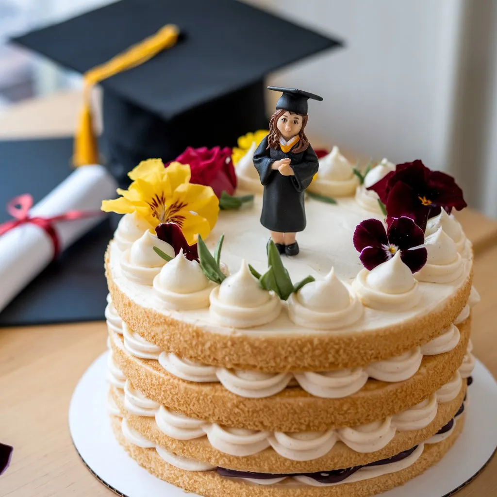 Graduation cake with a personalized picture and a small cake figure