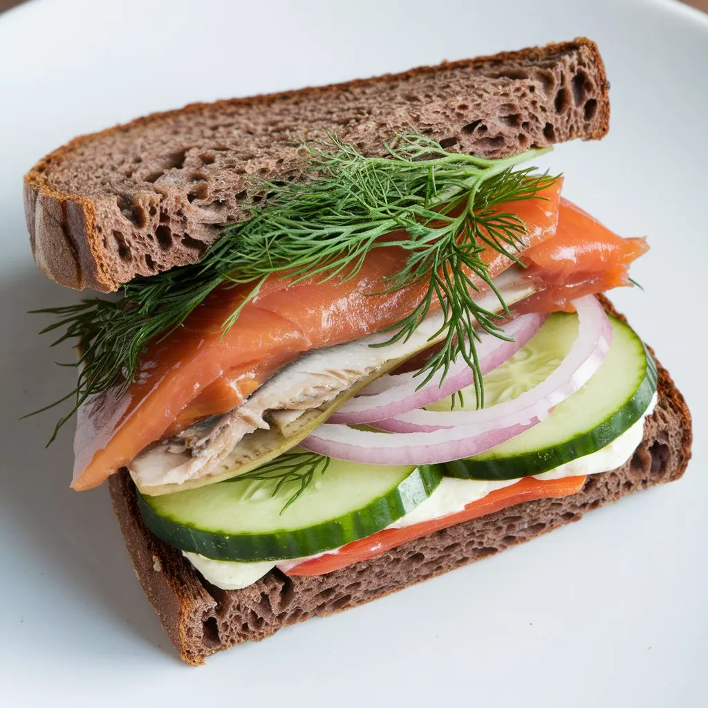 A traditional Matjesbrötchen sandwich on rye bread with bright red pickled herring, dill, onions, and cucumbers, cut in half.