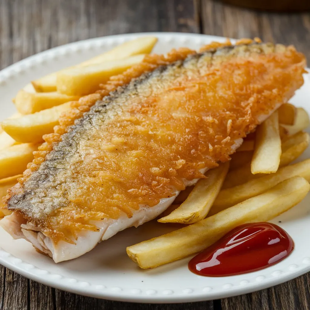 A plate of lectin-free fish and chips featuring a golden, crispy fish fillet on a bed of fries with a side of ketchup. The plate is set on a rustic wooden surface.