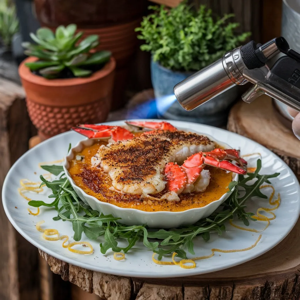 Crab brûlée dish with sweet and savory sauce, topped with browned crab meat, served on a bed of arugula and garnished with lemon zest. Rustic background with wooden elements and potted plants.