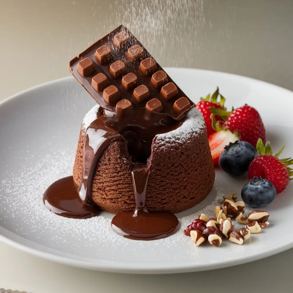 A lava cake with a rich chocolate core, topped with a candy bar and powdered sugar, surrounded by fresh berries and nuts on a clean, simple background.