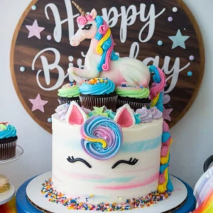 Realistic unicorn cake with multi-layered white cake, pink and blue swirls, fondant unicorn topper, rainbow cupcakes, sprinkles, and edible glitter on a wooden board with "Happy Birthday" text.