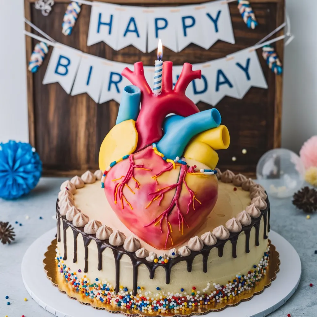 Realistic heart-shaped cake with a candle, icing, sprinkles, and birthday decorations on a wooden board with 'Happy Birthday' text.