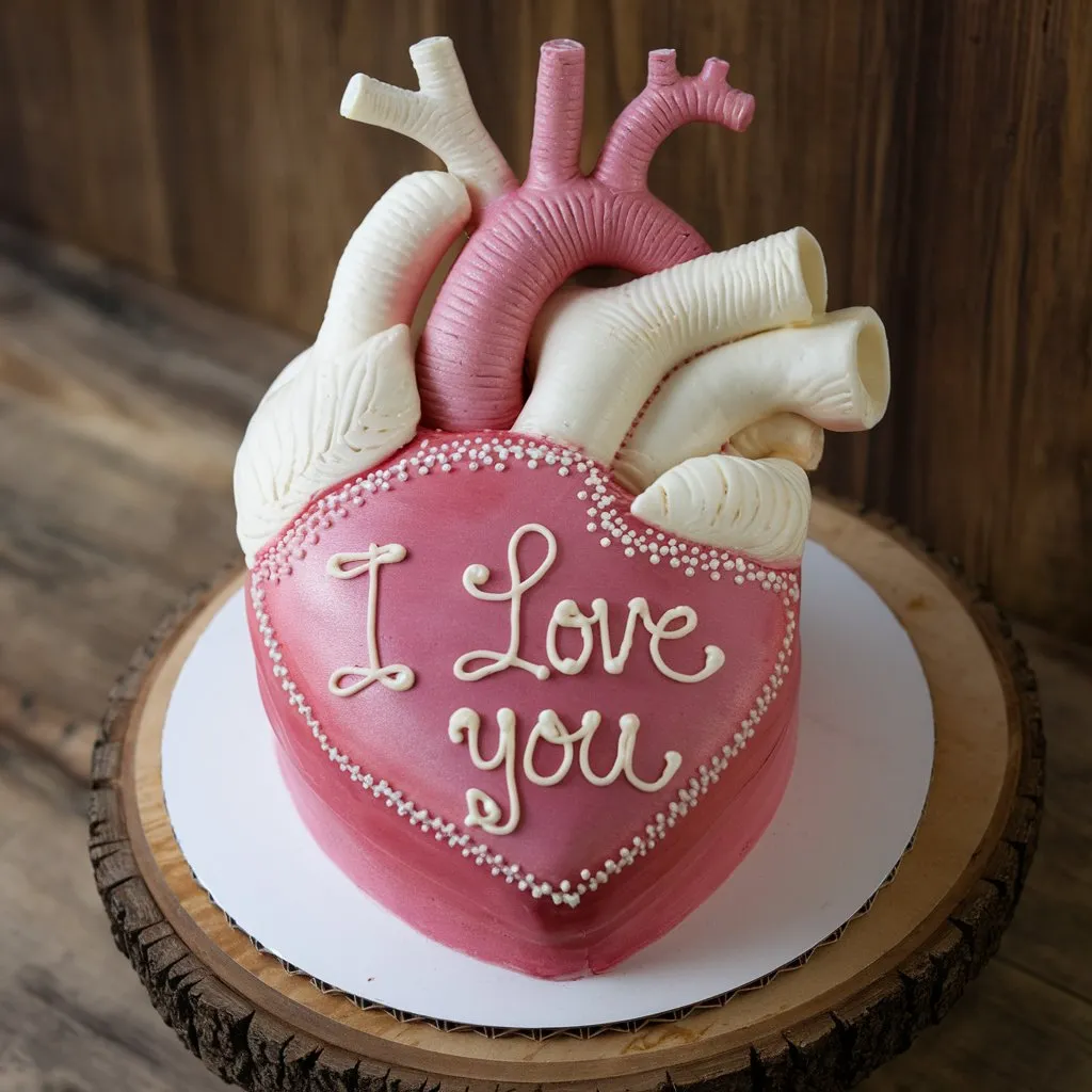 Realistic human heart cake with 'I love you' written in icing, pink interior, and white heart on top. On a wooden stand with a wooden background.