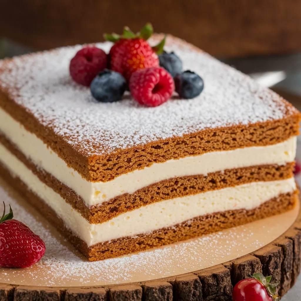 Kefir sheet cake with a rich golden-brown top, soft interior, kefir cheese frosting, powdered sugar, fresh berries, and wooden board background.