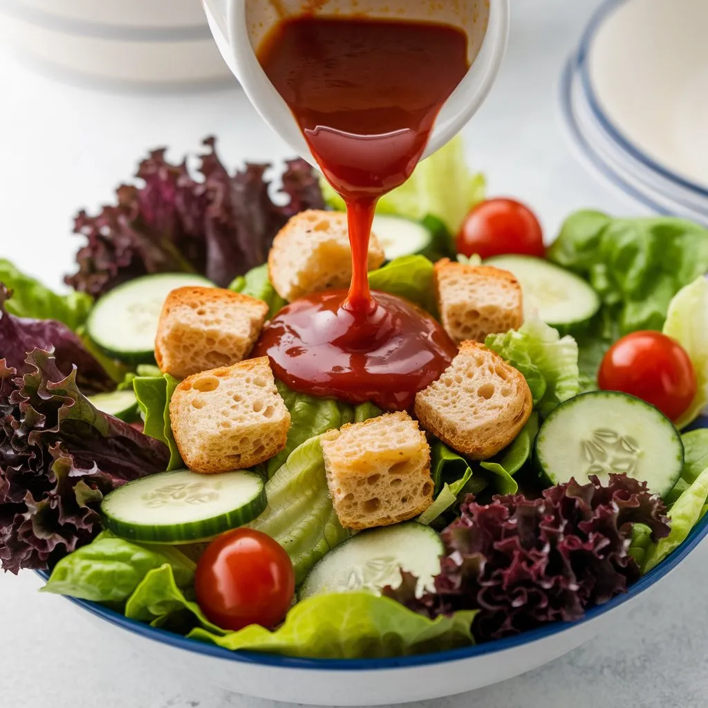 A New Orleans-style salad dressing recipe with a soaked salad. The dressing is made with mayonnaise, ketchup, Worcestershire sauce, and Tabasco sauce. The salad includes lettuce, cherry tomatoes, cucumber, and croutons. The dressing is poured over the salad, which is presented in a bowl.