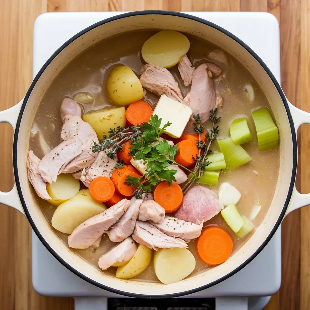 A pot of chicken chowder soup featuring ingredients like chicken, potatoes, onions, carrots, celery, chicken broth, heavy cream, butter, garlic, thyme, parsley, salt, and pepper, cooking on a stove.