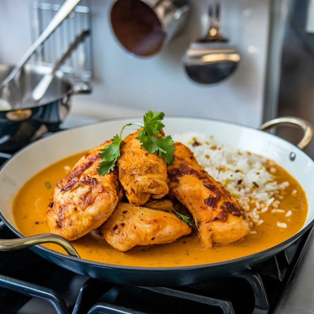 A recipe for Churu Chicken Amarillo with marinated chicken in spicy yellow curry sauce, served with rice in a kitchen setting.