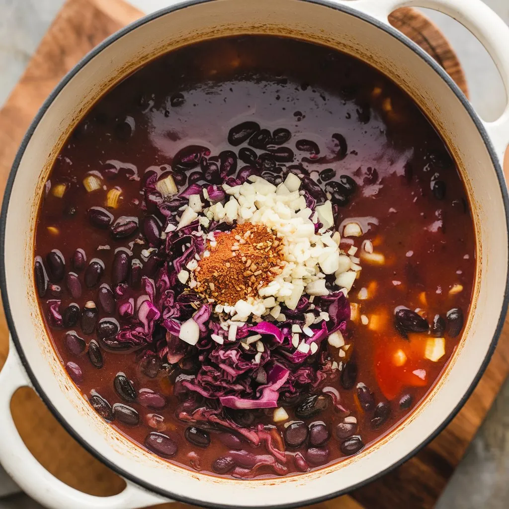 A recipe for purple black bean soup featuring black beans, purple cabbage, onions, garlic, tomatoes, and spices. The soup is cooking in a pot placed on a wooden board with a blurred background.