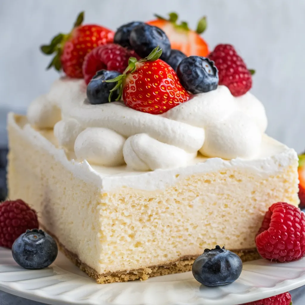 Kefir sheet cake with whipped cream, fresh strawberries, blueberries, and raspberries, served on a white plate with extra berries.