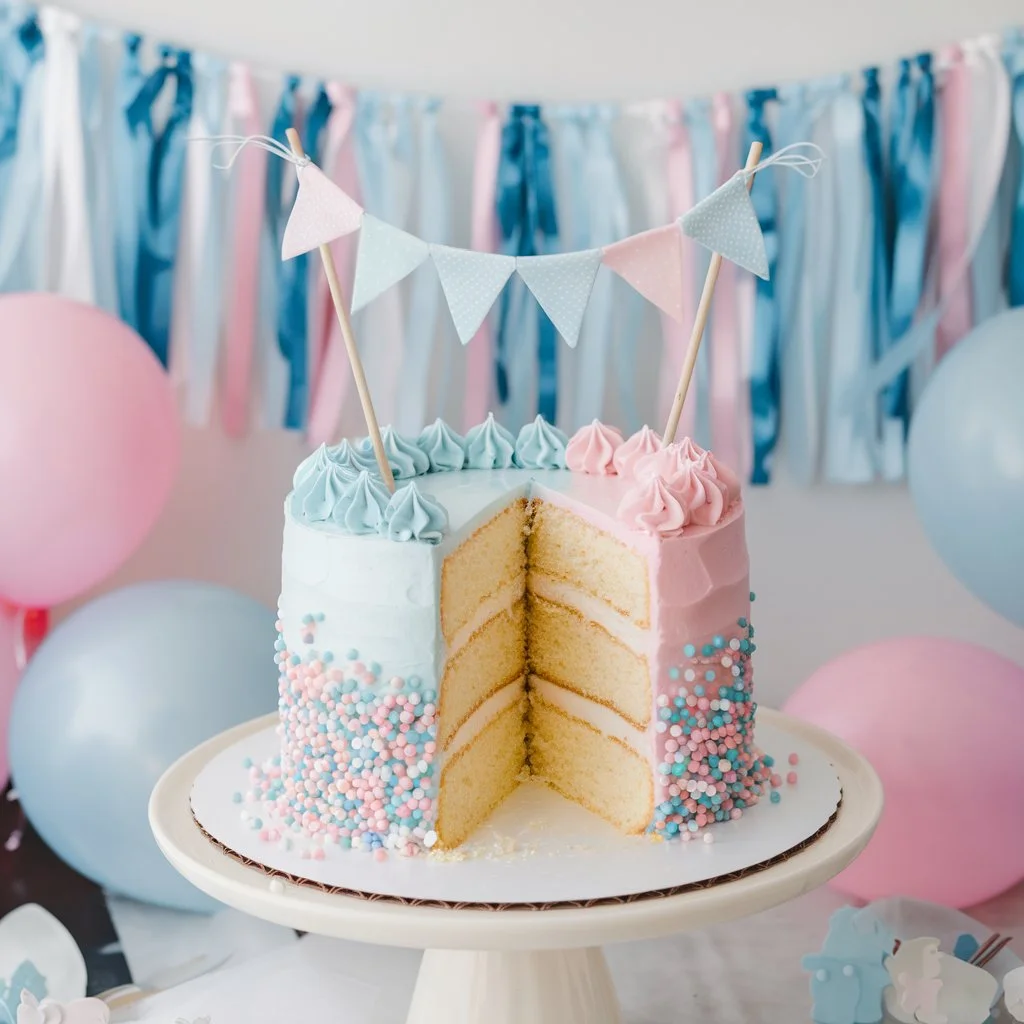 A simple gender reveal cake with blue and pink sprinkles, sliced in half to reveal the interior. Balloons and a banner are visible in the background, with a small gathering of people.