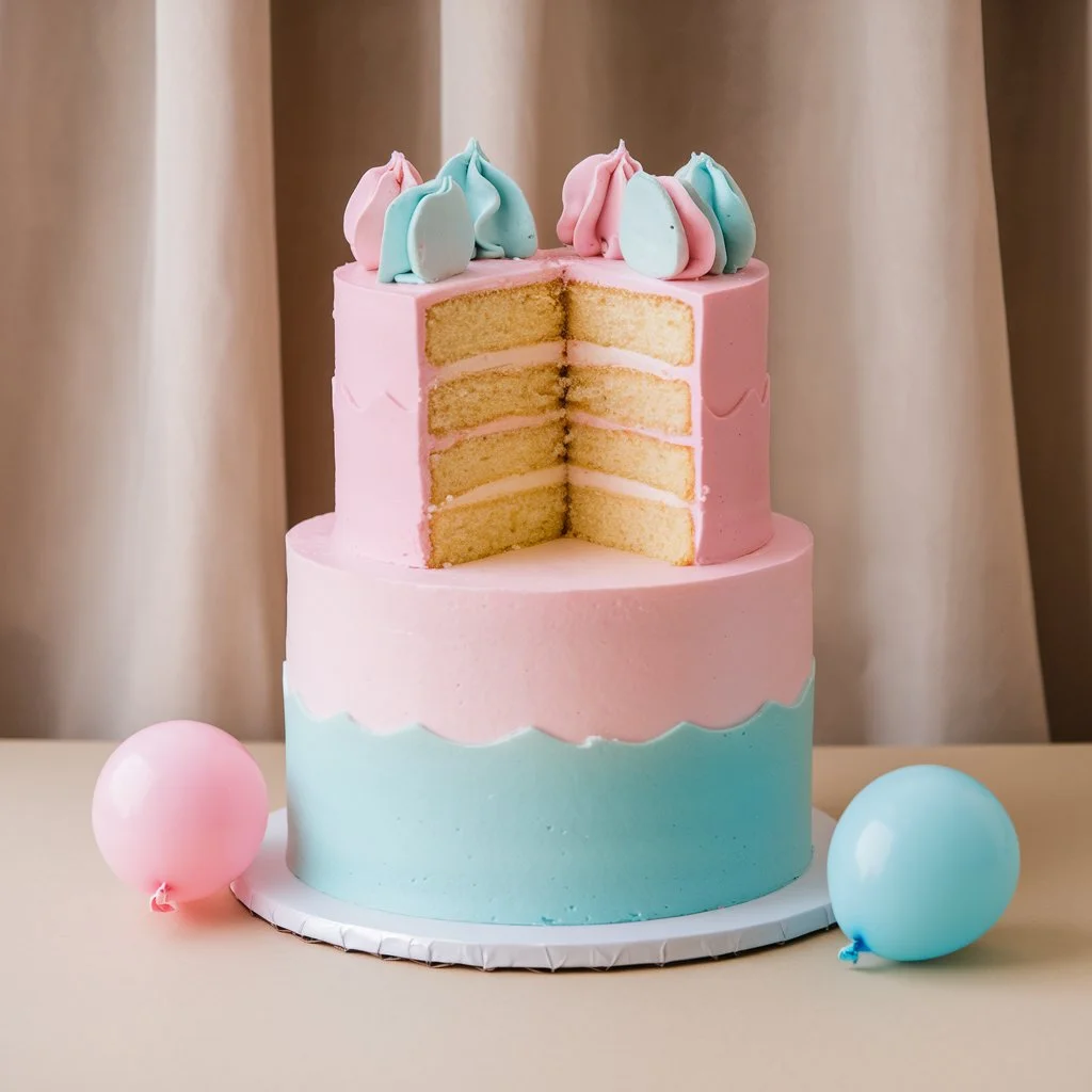 A simple gender reveal cake with pink and blue layers, showing a pink interior after being cut open. A small pink and a small blue balloon are placed next to the cake, with a beige curtain in the background.