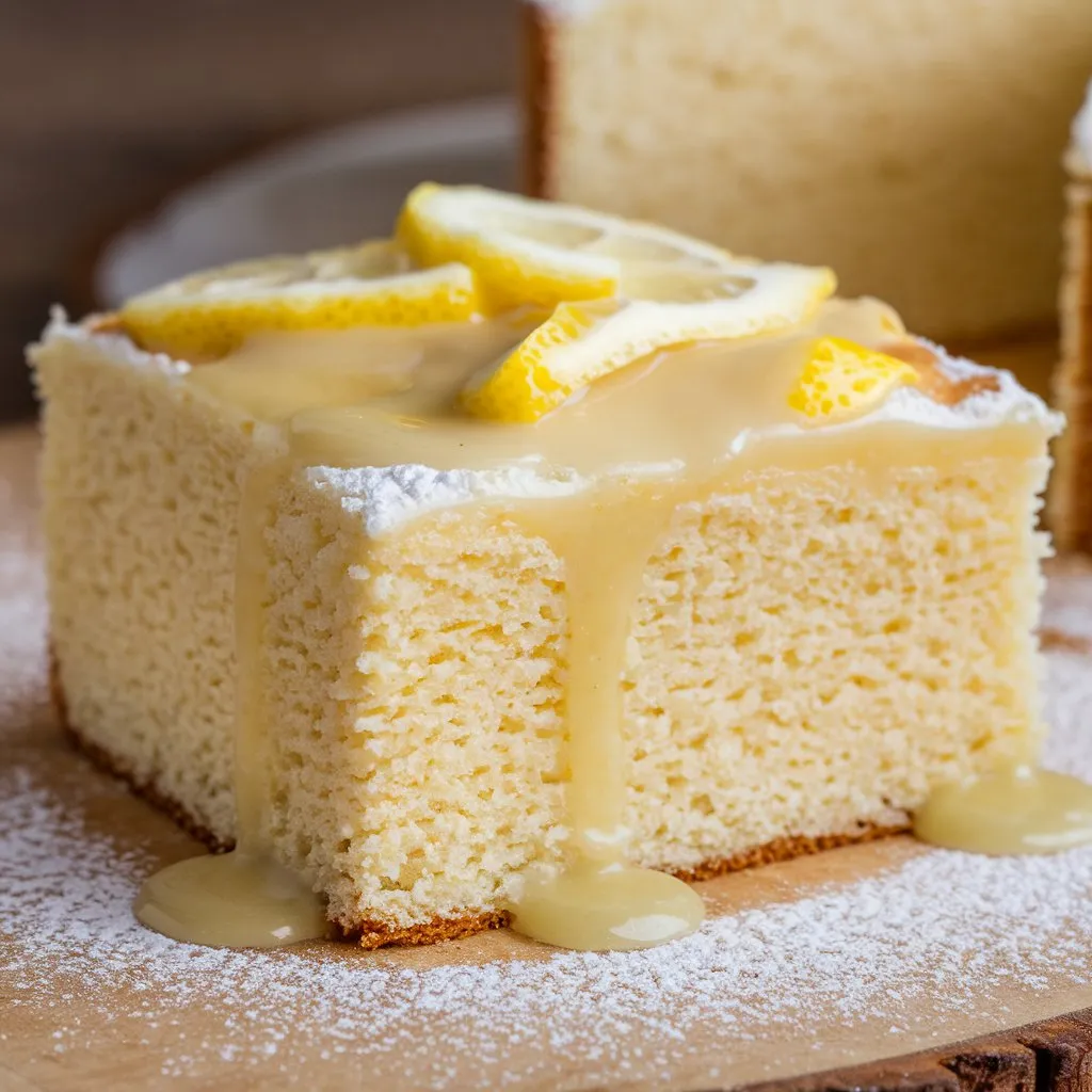 A slice of kefir sheet cake with lemon glaze, light and fluffy with a tangy taste, dusted with powdered sugar on a wooden board.