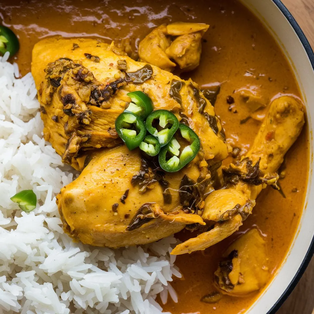 A spicy yellow chicken curry served with white rice, garnished with chopped green chilies on a wooden board.