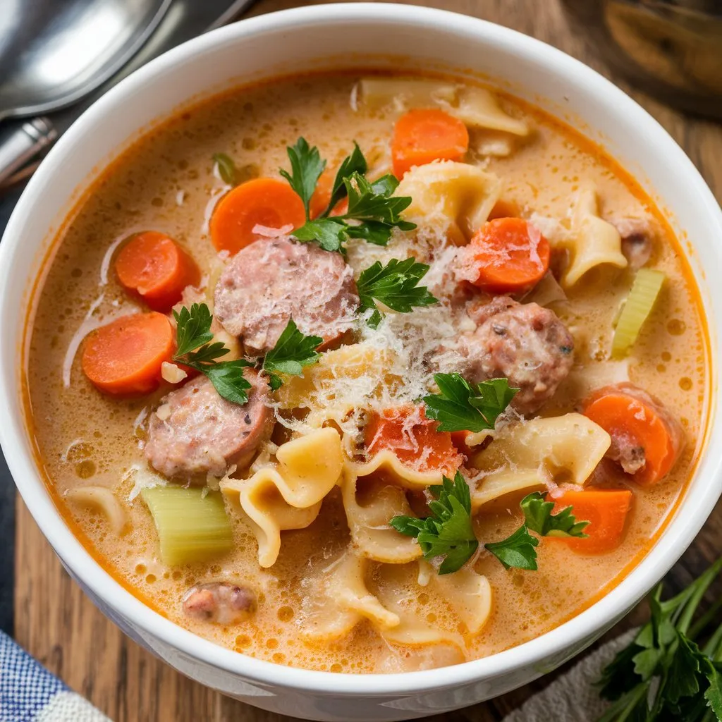 A steaming bowl of creamy Parmesan Italian sausage soup garnished with fresh parsley and grated Parmesan cheese, featuring chunks of Italian sausage, pasta, and vegetables.