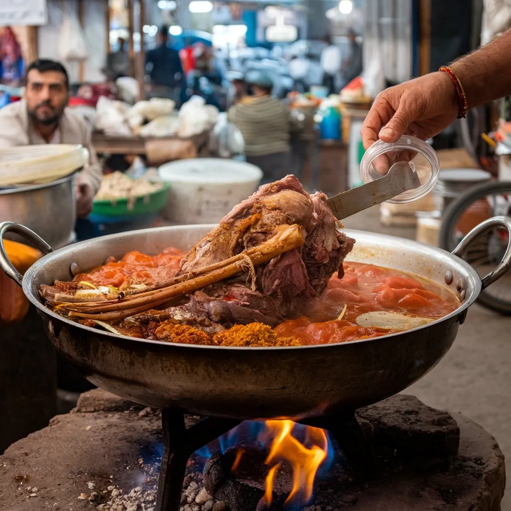 Terra Massoud Recipe – Traditional Afghan Dish with Lamb, Onions, Tomatoes, and Spices Cooked in a Large Pot Over an Open Flame