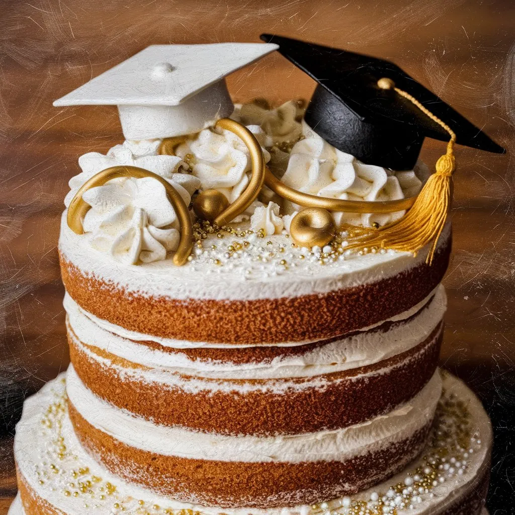 A multi-layered graduation cake covered in white frosting, adorned with white and gold decorations, a graduation cap, tassel, and sprinkles, placed on a wooden surface.