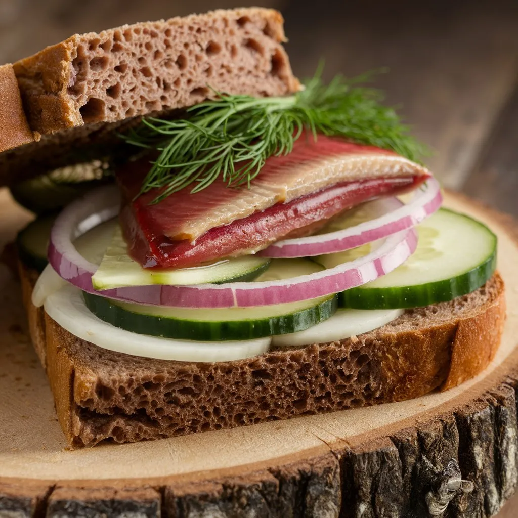 A traditional Matjesbrötchen sandwich on rye bread with deep red pickled herring, dill, thinly sliced cucumbers, and onions.