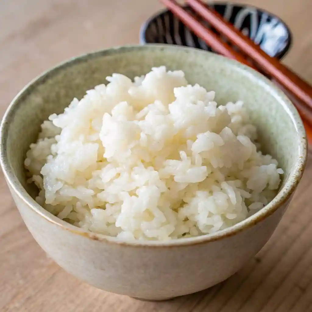Freshly prepared sushi rice in a ceramic bowl with a rice paddle resting on the side.