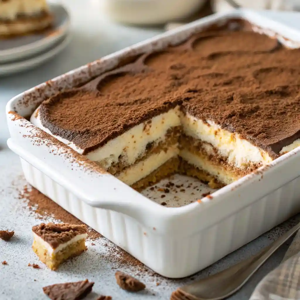 Slice of classic tiramisu with cocoa powder topping and creamy espresso layers, served on a simple white plate.
