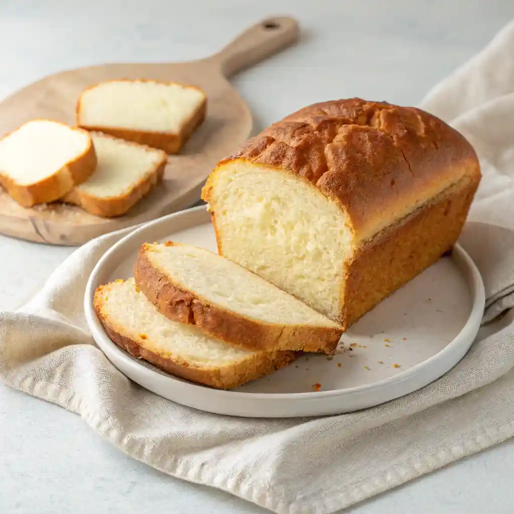 Golden-brown cottage cheese bread loaf with sliced pieces on a white plate against a light background.