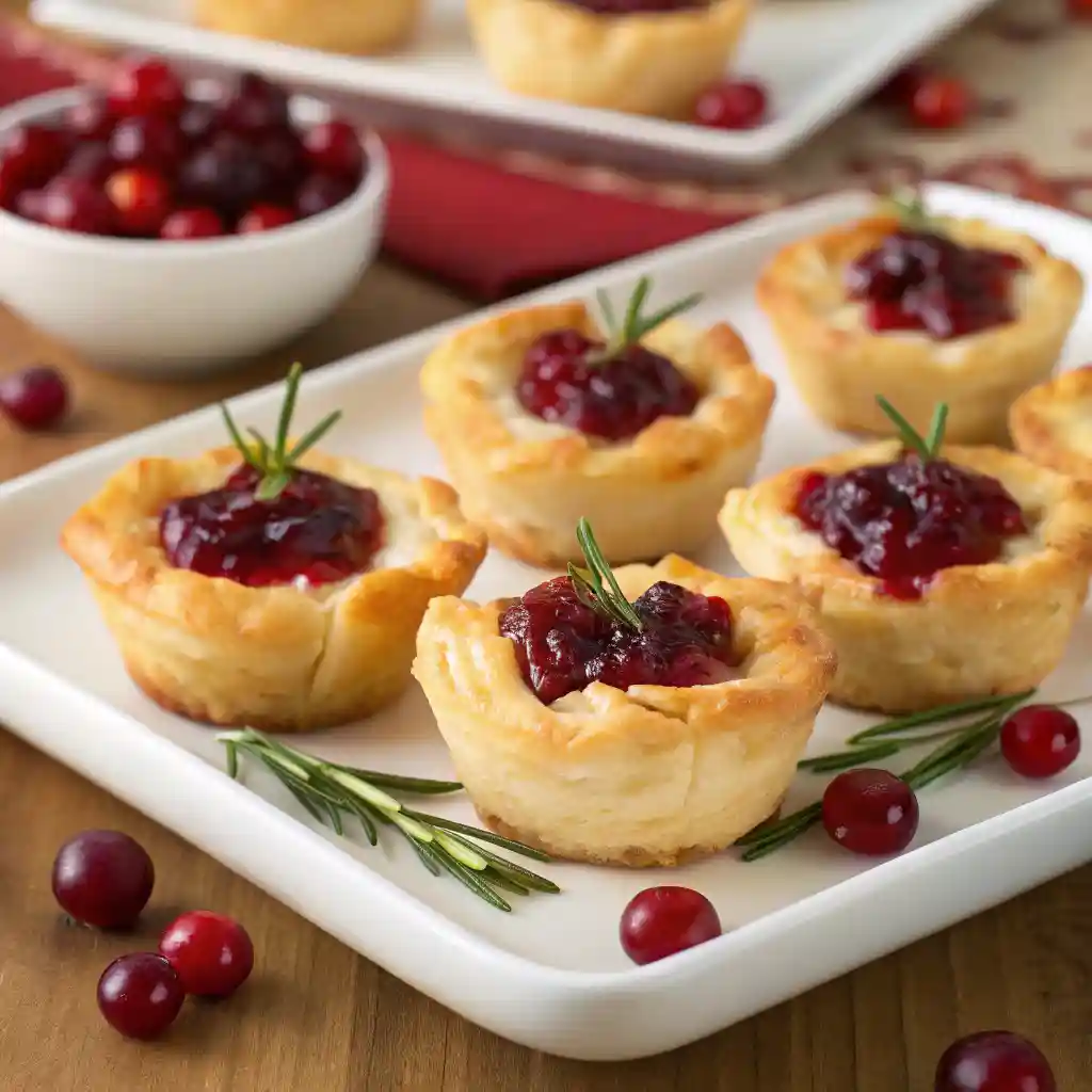Platter of cranberry Brie bites on white tray, topped with rosemary and pecans, surrounded by fresh cranberries.