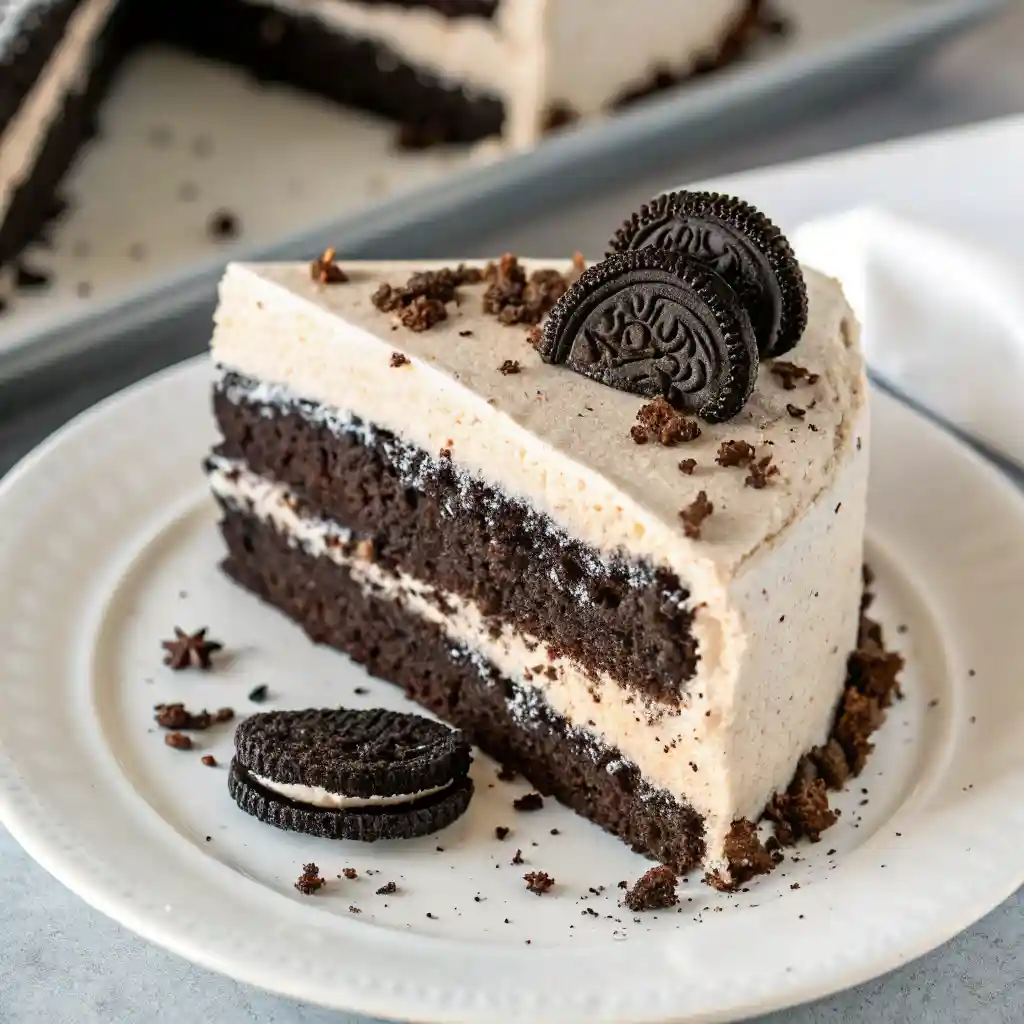 a moist Oreo cake slice with layers of chocolate cake and cookies-and-cream frosting, topped with crushed Oreos.