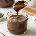 Smooth homemade chocolate syrup being poured into a glass jar with a swing-top lid on a white surface.