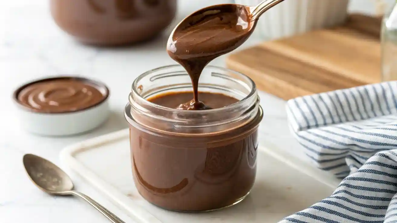 Smooth homemade chocolate syrup being poured into a glass jar with a swing-top lid on a white surface.