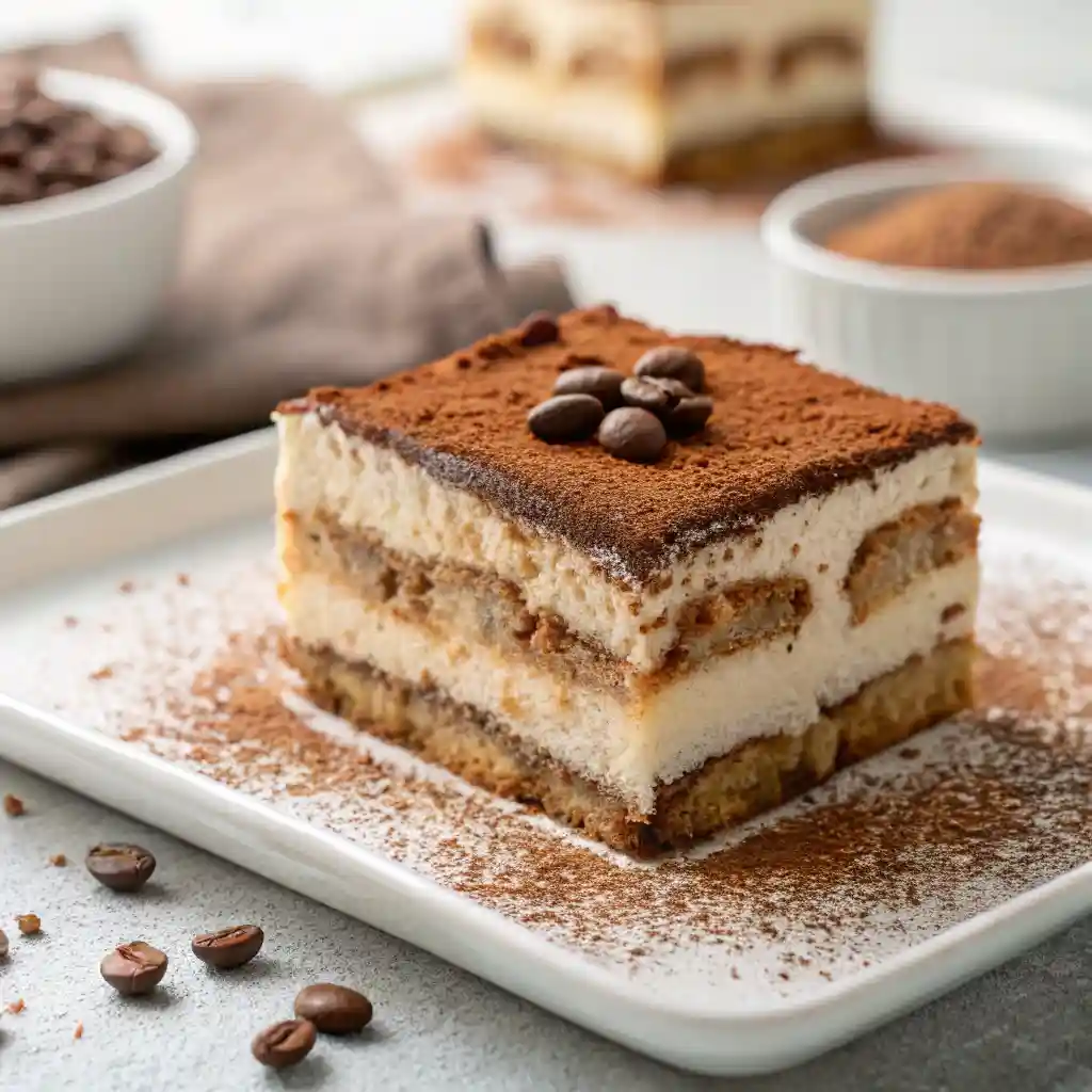 Elegant tiramisu slice with visible cream and espresso-soaked layers, lightly dusted with cocoa powder.