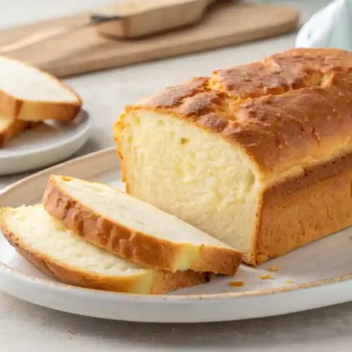 Golden-brown cottage cheese bread loaf with soft, fluffy slices on a white plate.