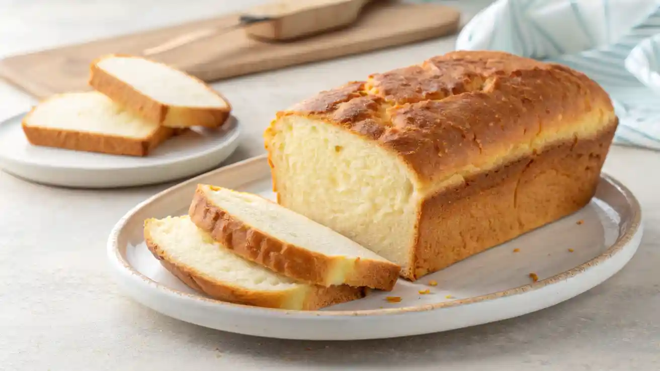 Golden-brown cottage cheese bread loaf with soft, fluffy slices on a white plate.