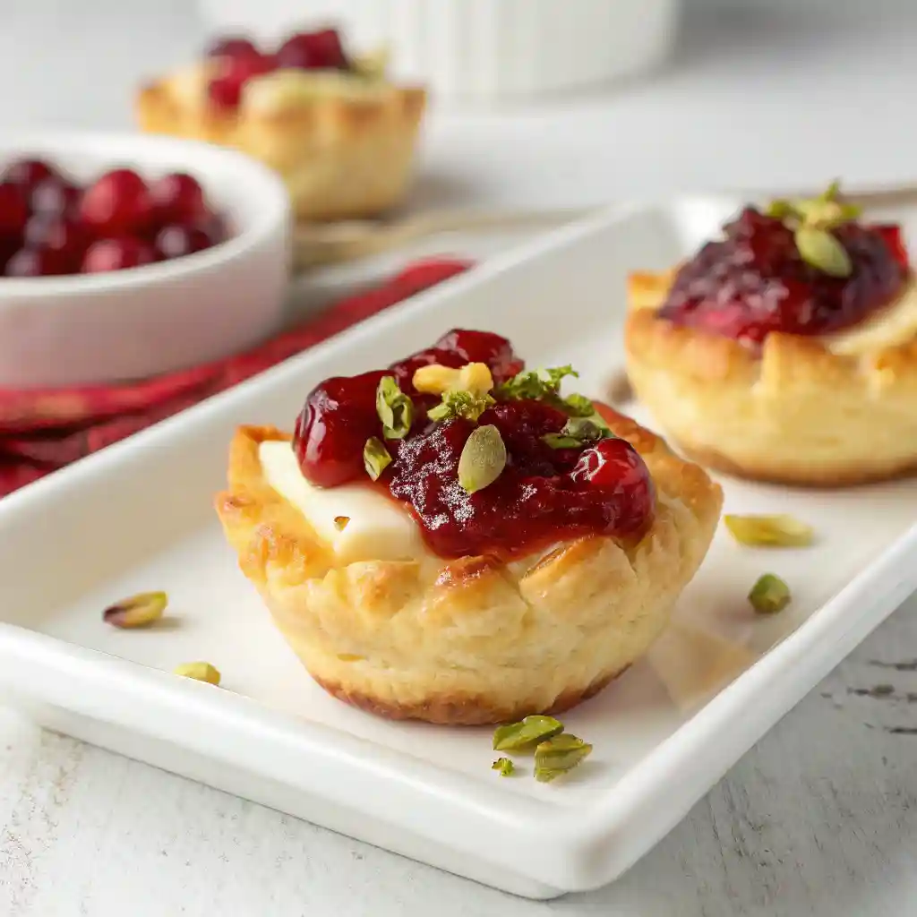 Close-up of a single cranberry Brie puff pastry bite topped with cranberry sauce and pistachios on a white serving plate.