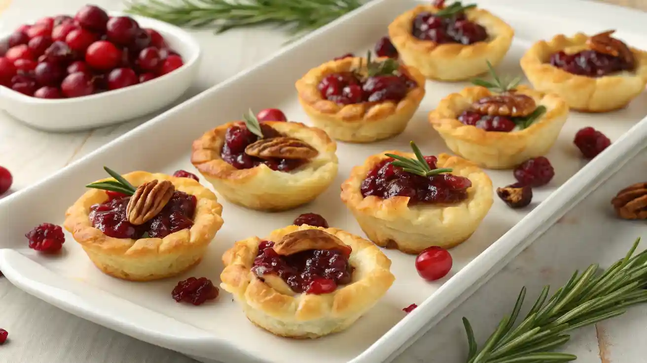 Top-down view of cranberry Brie bites with puff pastry, cranberry sauce, rosemary, and pecans on a white platter with scattered cranberries.