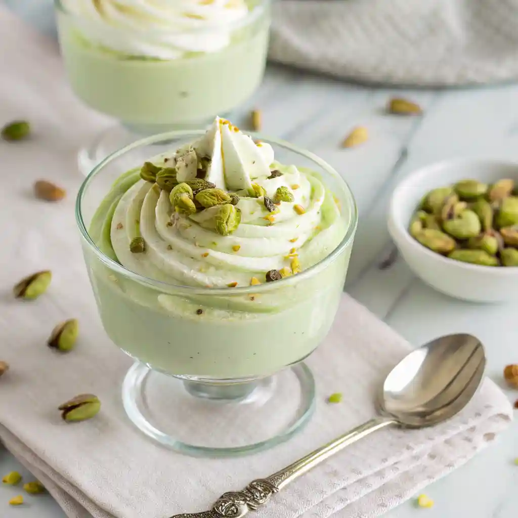 Close-up overhead view of pistachio pudding in a glass cup with whipped cream and chopped pistachios on marble surface