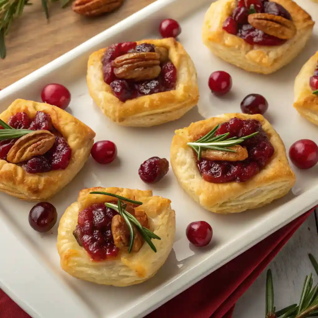 Cranberry Brie puff pastry bites topped with rosemary and pecans on a holiday platter with scattered fresh cranberries.