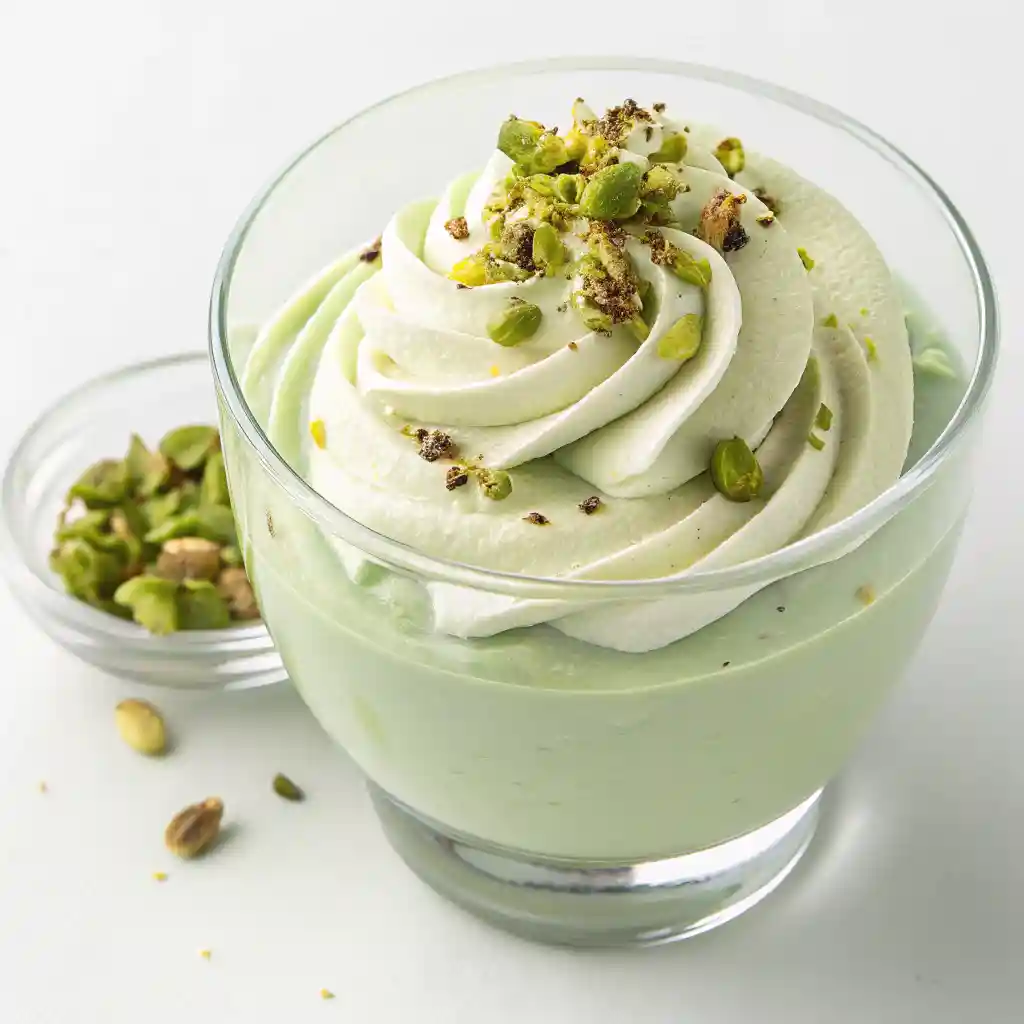 Overhead shot of pistachio pudding in a glass cup topped with whipped cream and chopped pistachios
