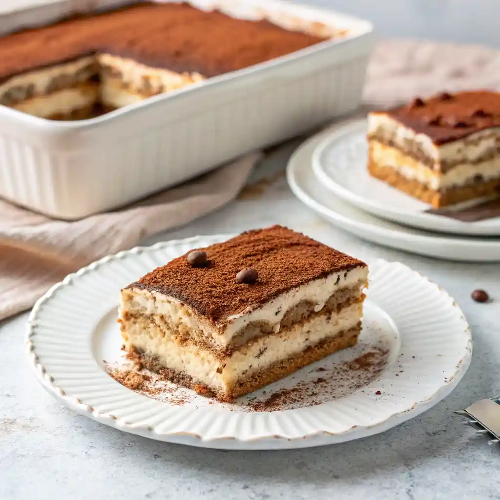 a creamy tiramisu slice with defined layers of ladyfingers and mascarpone, lightly dusted with cocoa powder.
