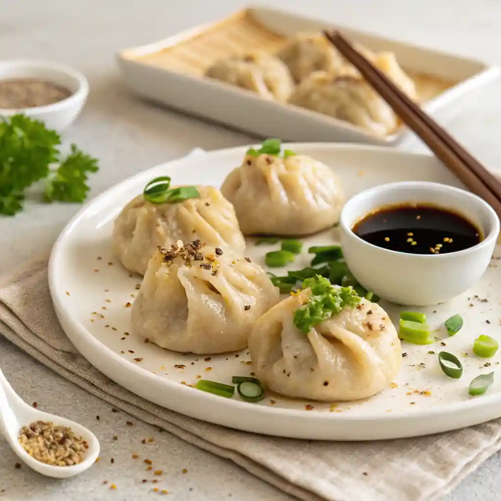 Vegan soup dumplings on white plate with green onions, sesame seeds, and dipping sauce, one opened to reveal plant-based filling and broth.