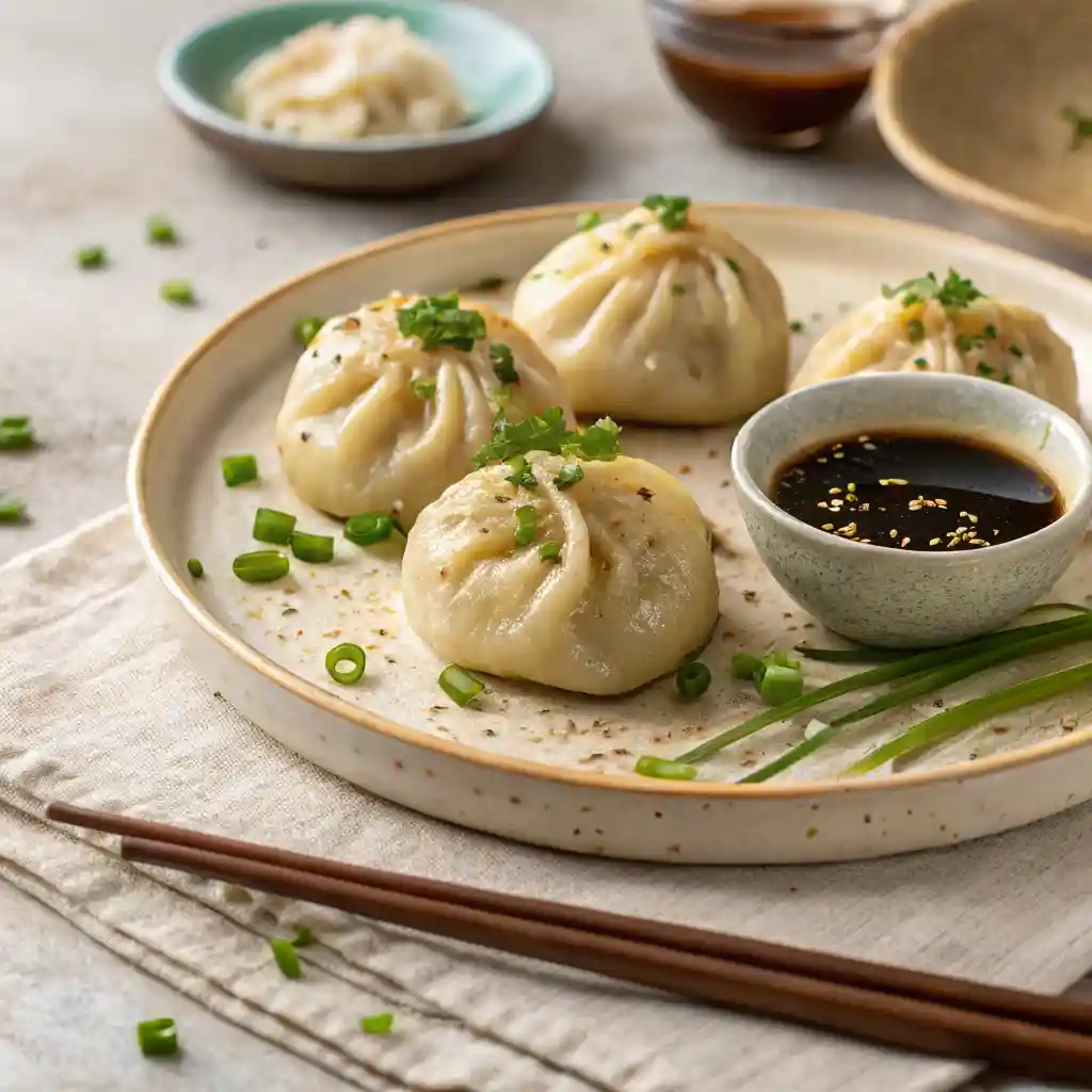 Vegan soup dumplings on ceramic plate with green onion and sesame seed garnish, one cut open to show filling and broth, served with dipping sauce.