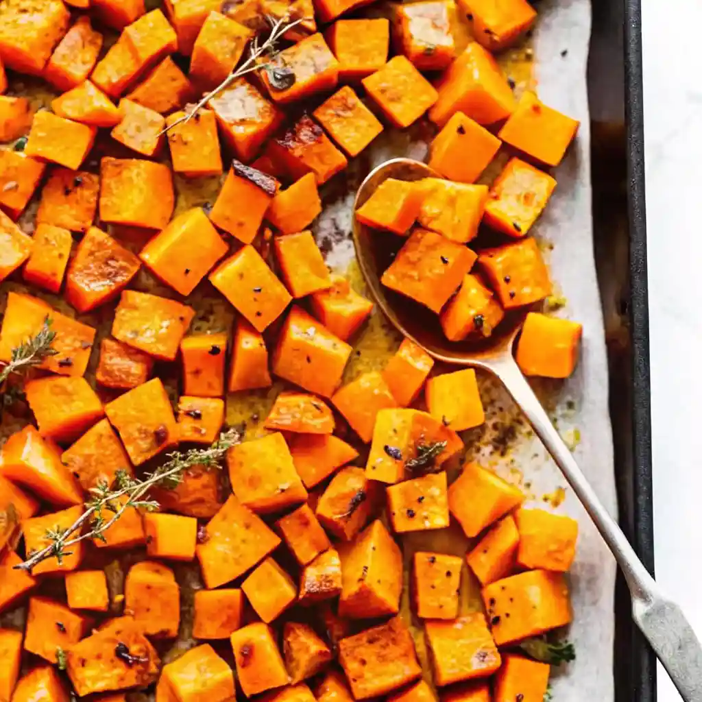 Roasted butternut squash on a parchment-lined baking sheet with herbs