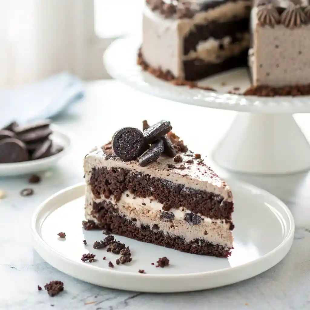a slice of Oreo cake on a white plate, showing rich chocolate layers and cookies-and-cream frosting.