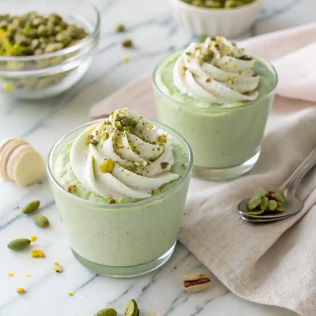 Overhead close-up of two glass cups filled with pistachio pudding, topped with whipped cream and chopped pistachios