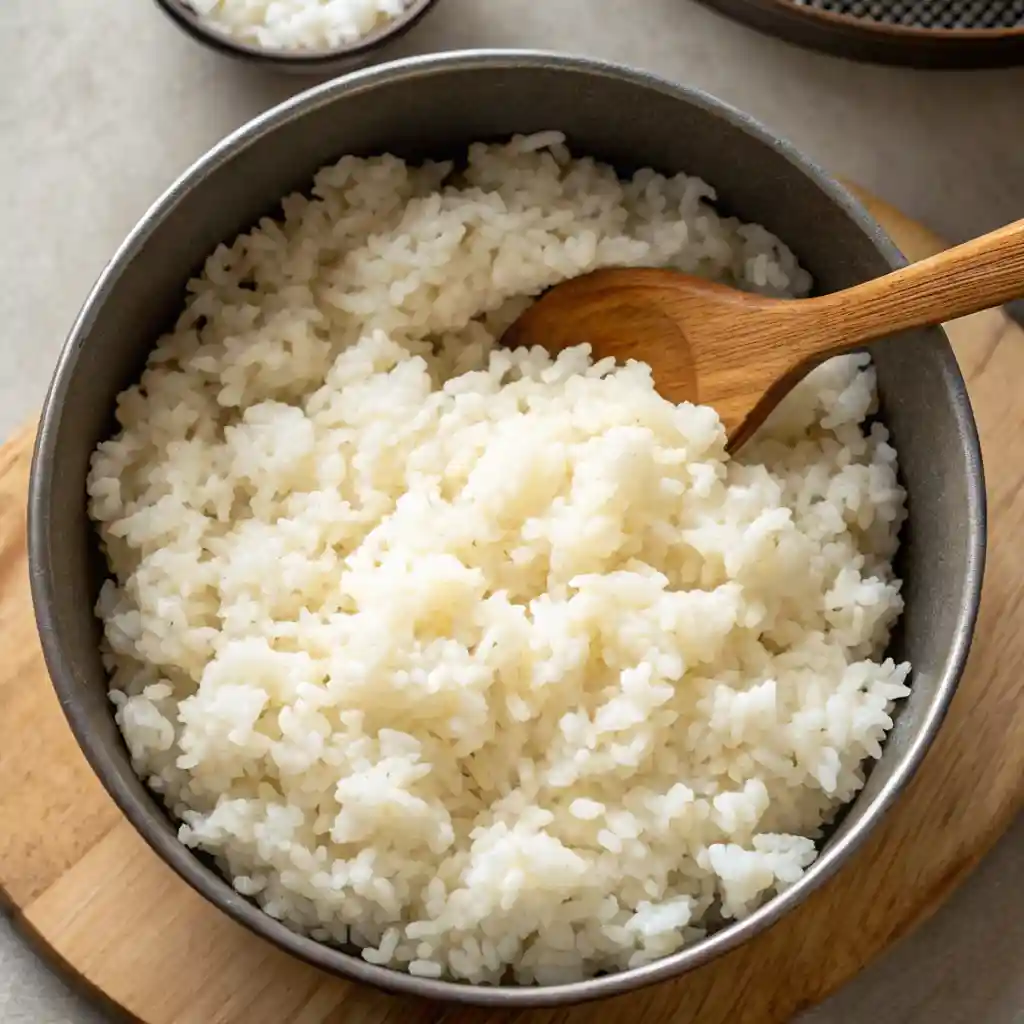 Fluffy sushi rice in a white bowl, ready for sushi making.