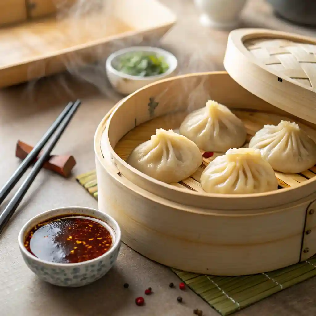 freshly steamed vegan dumplings with translucent wrappers, served with soy-vinegar chili sauce and chopsticks on the side.