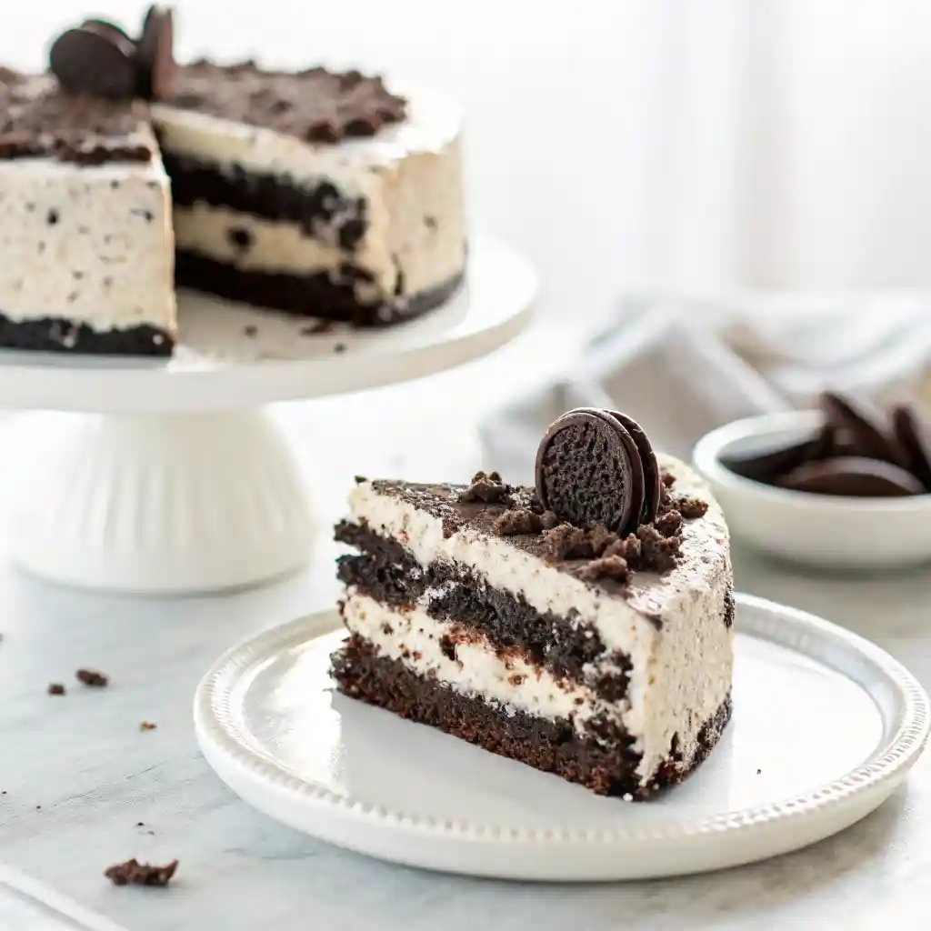 slice of Oreo cake with cookies-and-cream frosting and Oreo crumbles on top.