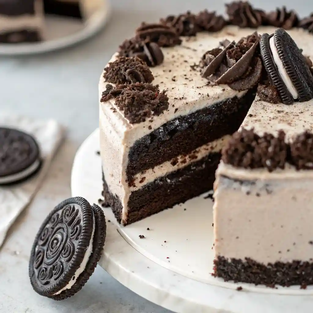 Oreo cake covered in cookies-and-cream frosting and topped with crushed Oreo cookies.