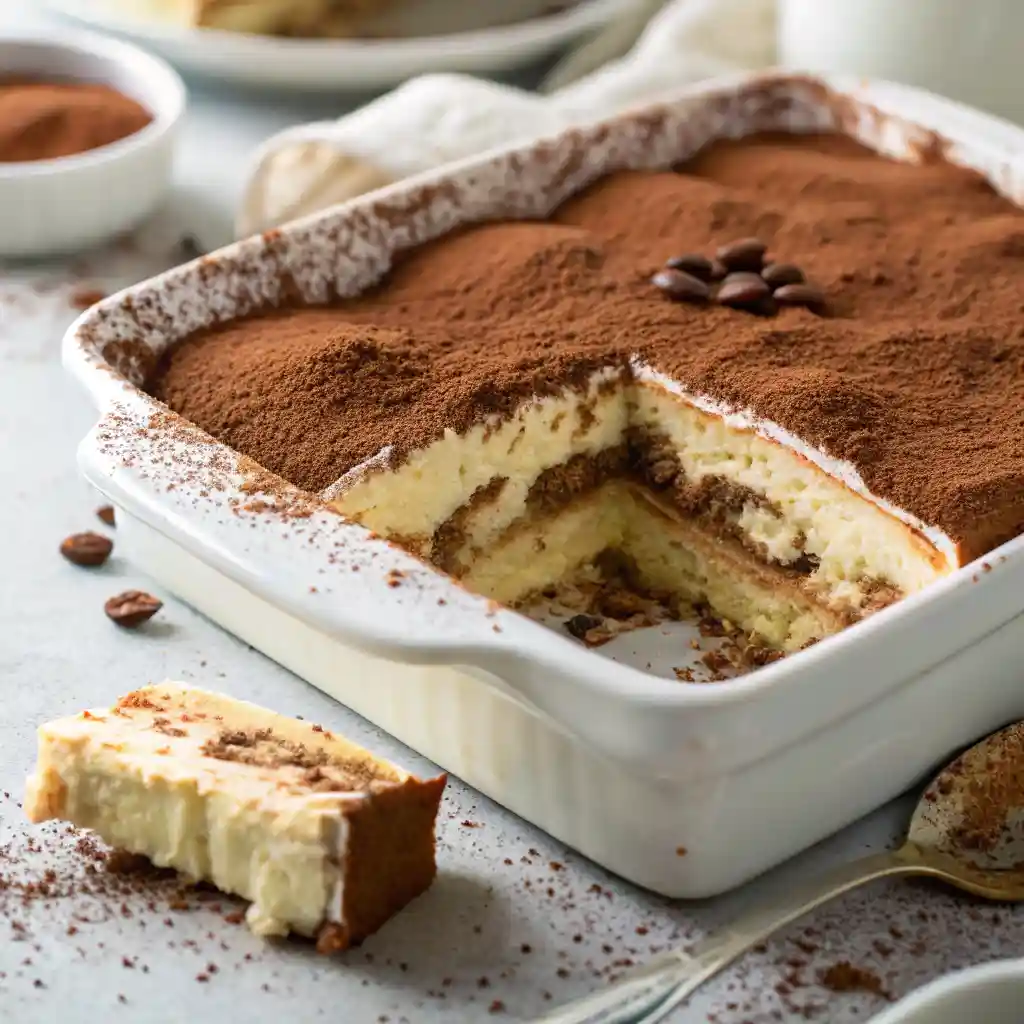 Decadent slice of tiramisu recipe with airy mascarpone layers and cocoa topping on a white plate.