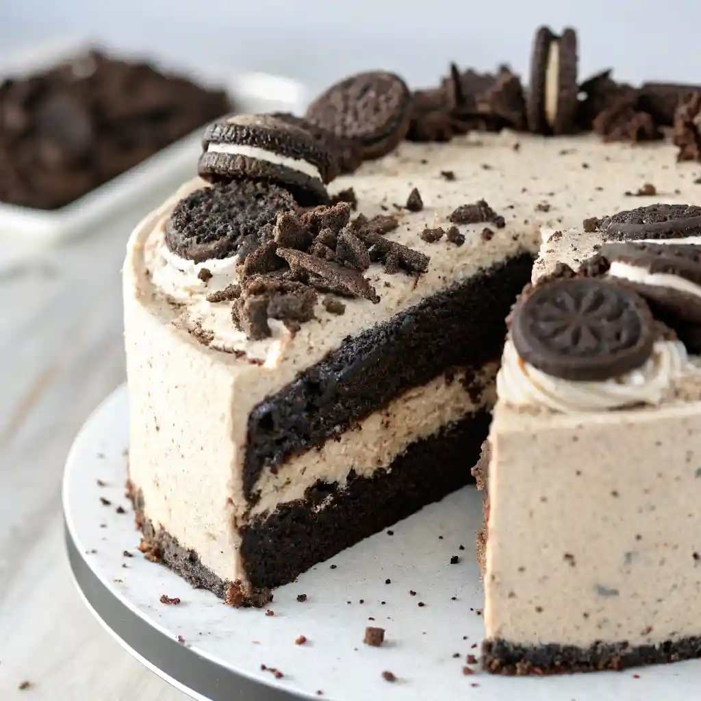 Oreo cake with cookies-and-cream frosting and crushed Oreo topping on a cake stand.
